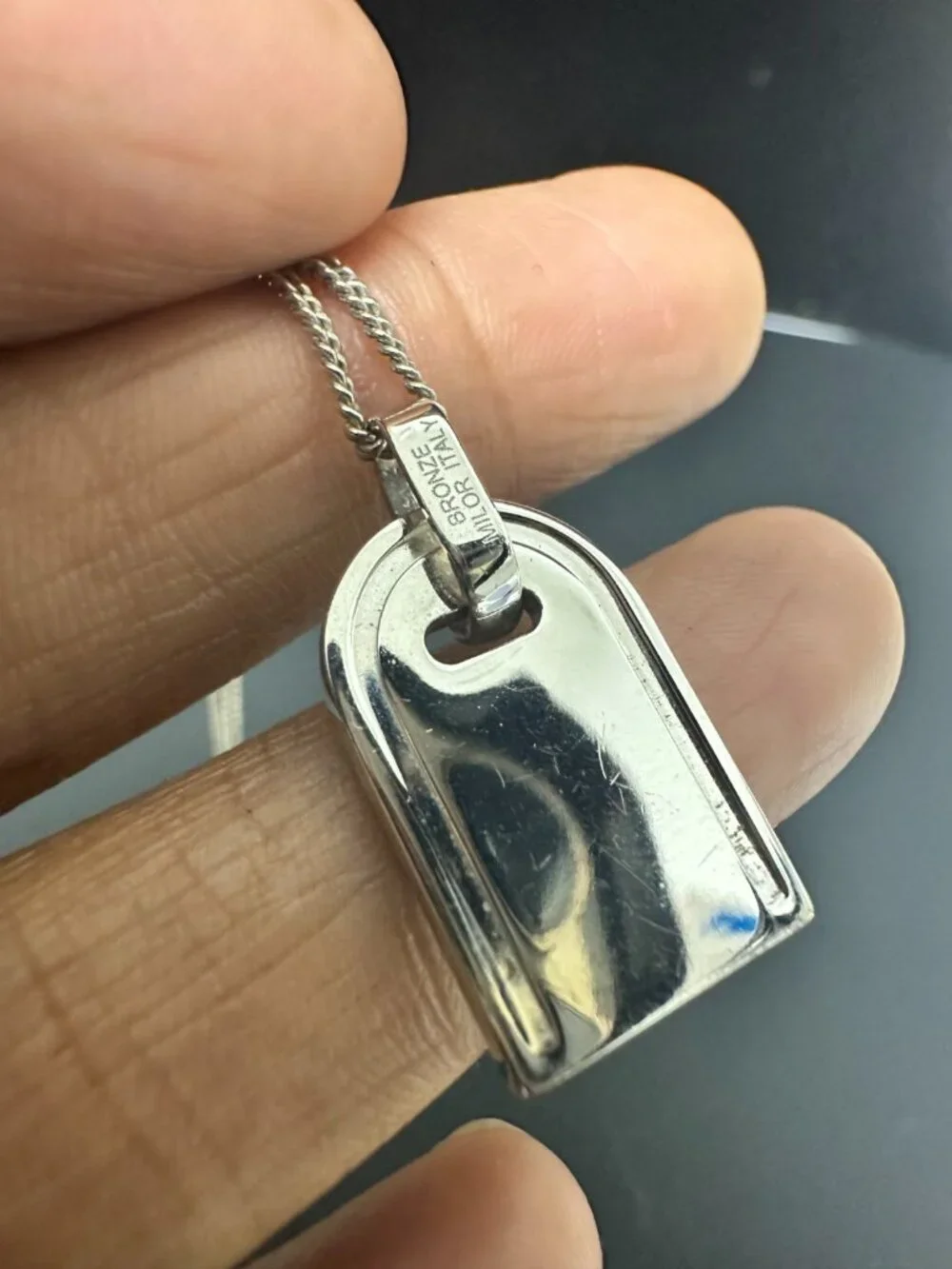 Milor Bronze Italy Necklace Silver Tone Heart Tag Pendant Chain Link 18.5